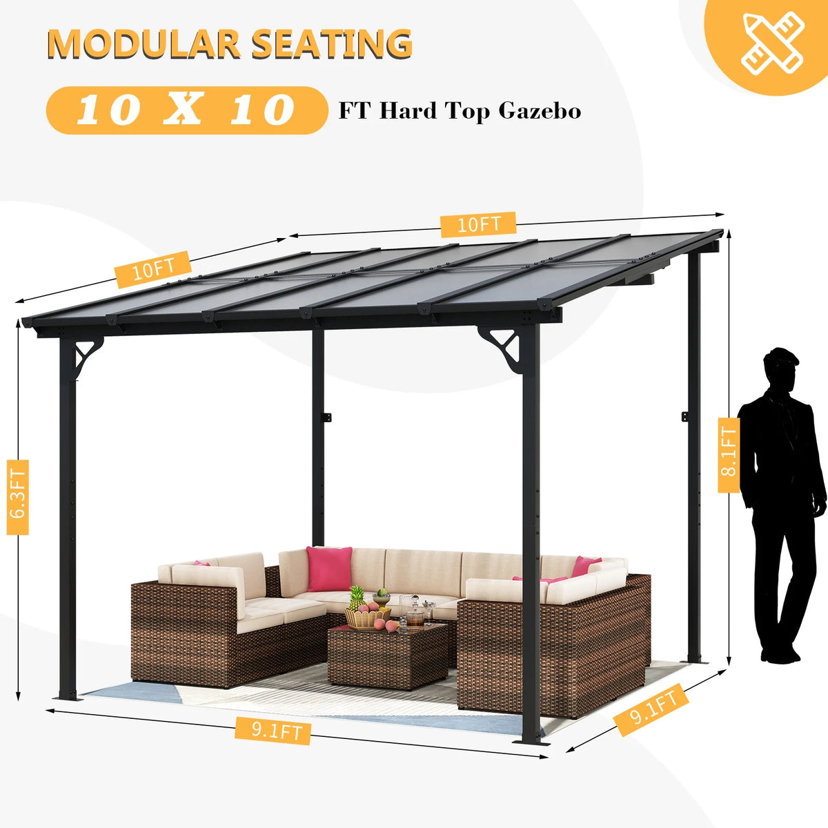 JolyDale 10x 10 Hardtop Gazebo, Outdoor Wall-mounted Pergola for Garden, Patio, Backyard, Gray