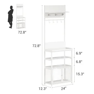 Hall Tree with Doors White 72.8in Coat Rack Shoe Storage Narrow Coat Tree Shoe Shelf Organizer with 7 Hooks for Entryway Bedroom and Mudroom
