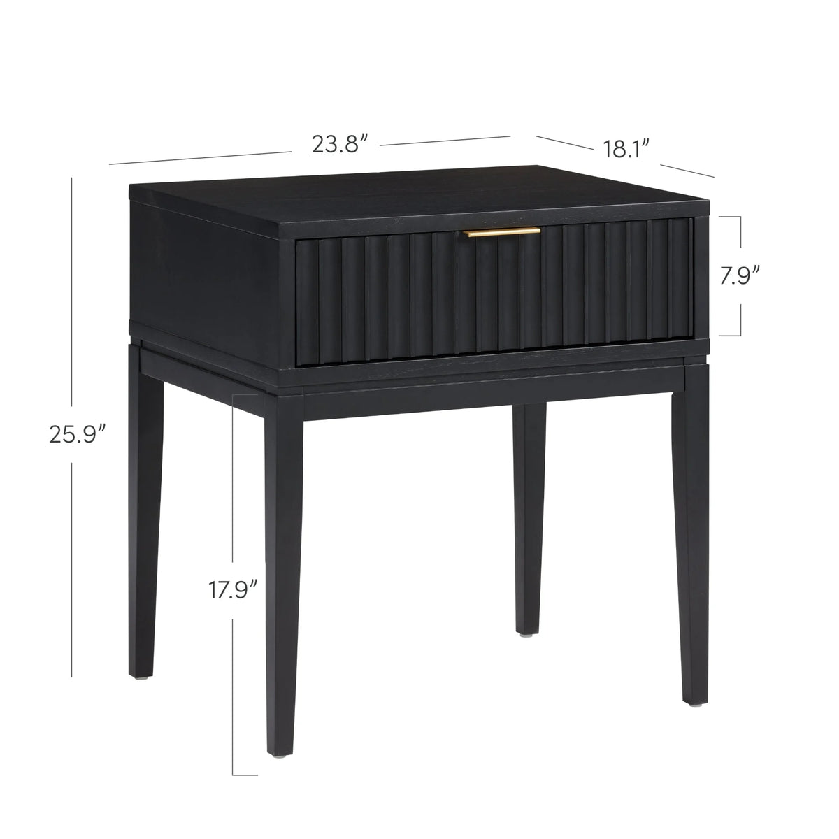 Nathan James Jasper 1-Drawer Boho Side Table, Solid Wood Bedroom Nightstand or Bedside Table with Drawer, Fluted Doors and Brass Handles, Black