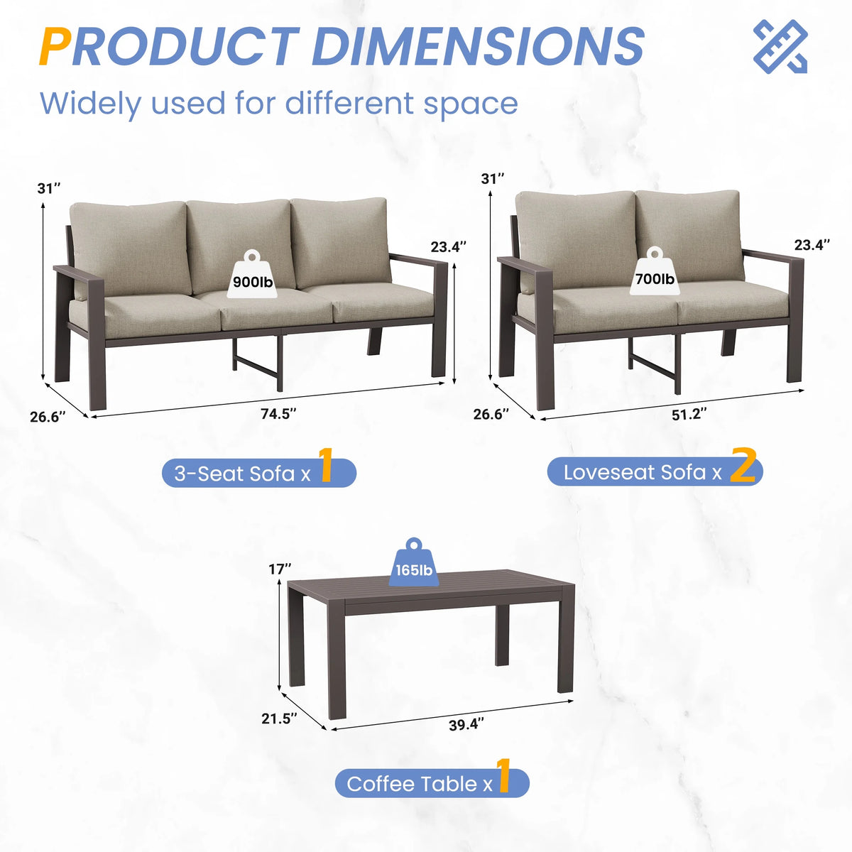 POTEBAN Aluminum Patio Furniture Set, Modern Metal Outdoor Sectional Sofa, Patio Conversation Sets with Side Table for Poolside, courtyard,Blue