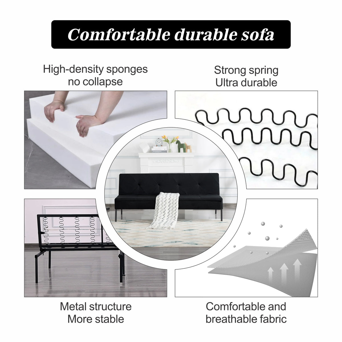 BSHTI 63Futon Sofa Bed,Upholstered with Polyester Fabric Convertible Sofa Couch for Living Room,Office(Black)