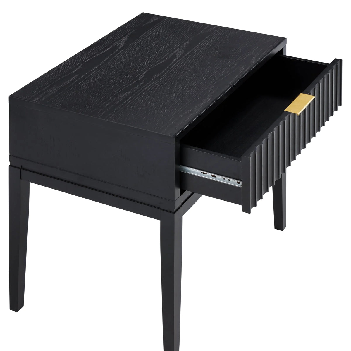 Nathan James Jasper 1-Drawer Boho Side Table, Solid Wood Bedroom Nightstand or Bedside Table with Drawer, Fluted Doors and Brass Handles, Black