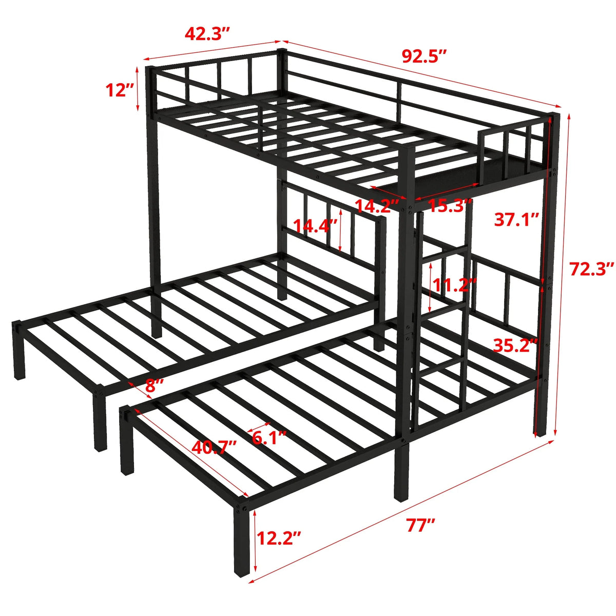 Triple Bunk Bed for 3, Twin over Twin & Twin Bunk Bed with Ladder and Shelf, Can be divided into 3 Beds, Metal Bunk Bed Frame with Safety Rail & Slats Support, No Box Spring Needed, Black