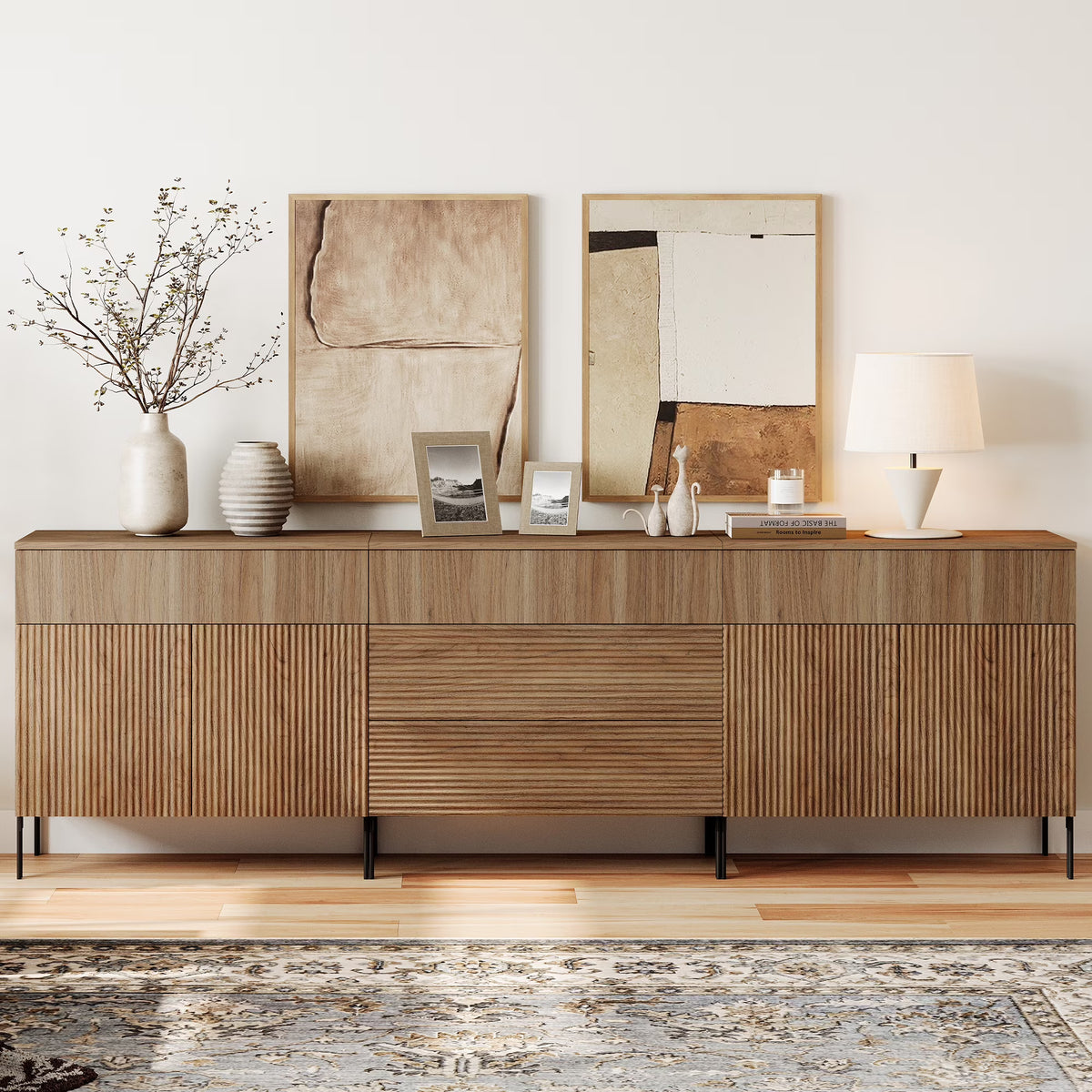 94.5 Reeded Accent Cabinet Set with Doors and Drawers, Modern Credenza Storage Cabinet with Metal Legs for Living Room, Kitchen, Dining Room, Hallway