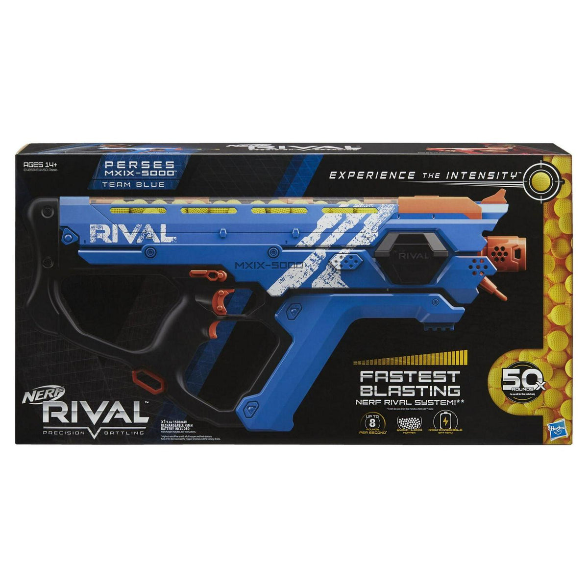 Nerf Rival Perses MXIX-5000 Team Blue Motorized Kids Toy Blaster with 50 Ball Dart Rounds for Ages 14 and Up