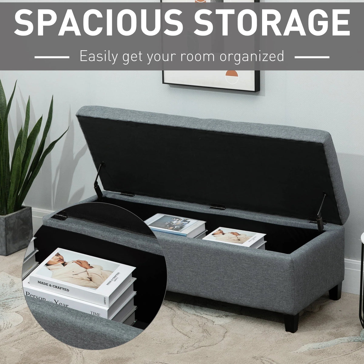 HomCom 51" Large Tufted Linen Fabric Ottoman Storage Bench With Soft Close Top - Heather Grey
