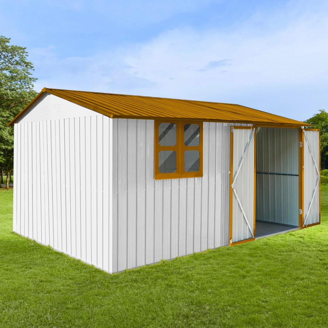 10x12 FT Outdoor Storage Shed, Metal Garden Tool Shed with Vents, Window and Bulit-in Hooks, Waterproof  Organization for Home/Backyard/Garden Tools/Lawn Storage, Yellow+White