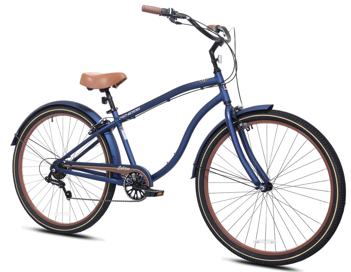 29-inch Men's Salerno Aluminum Relaxed Cruiser Bike with 7 Speeds, Navy Blue and Brown