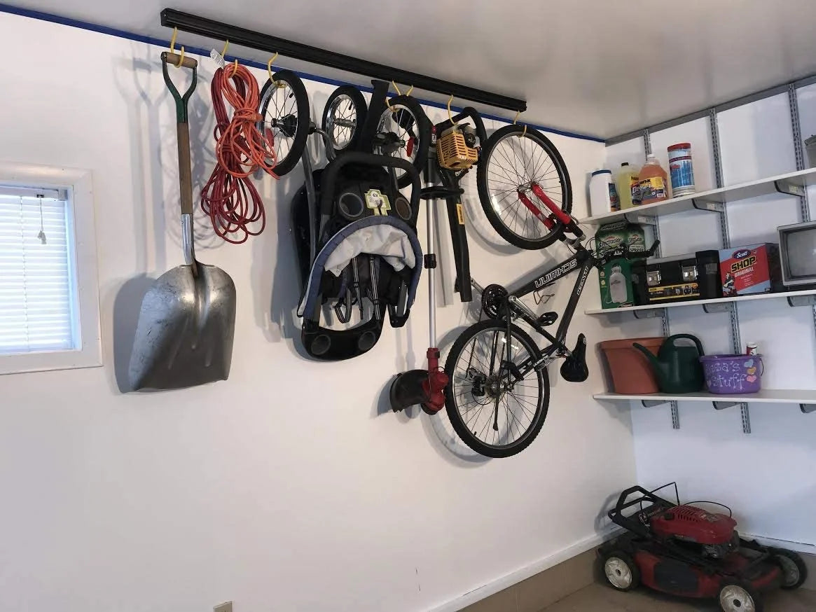 50" Adjustable Overhead Garage Ceiling Storage Track/Bike Rack With Hooks that Slide and Rotate, 50 Lbs. per Hook.