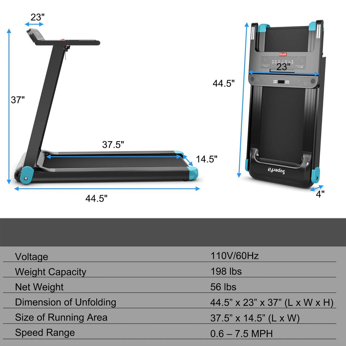 SuperFit  Electric Treadmill Compact Walking Running Machine w/APP Control Speaker