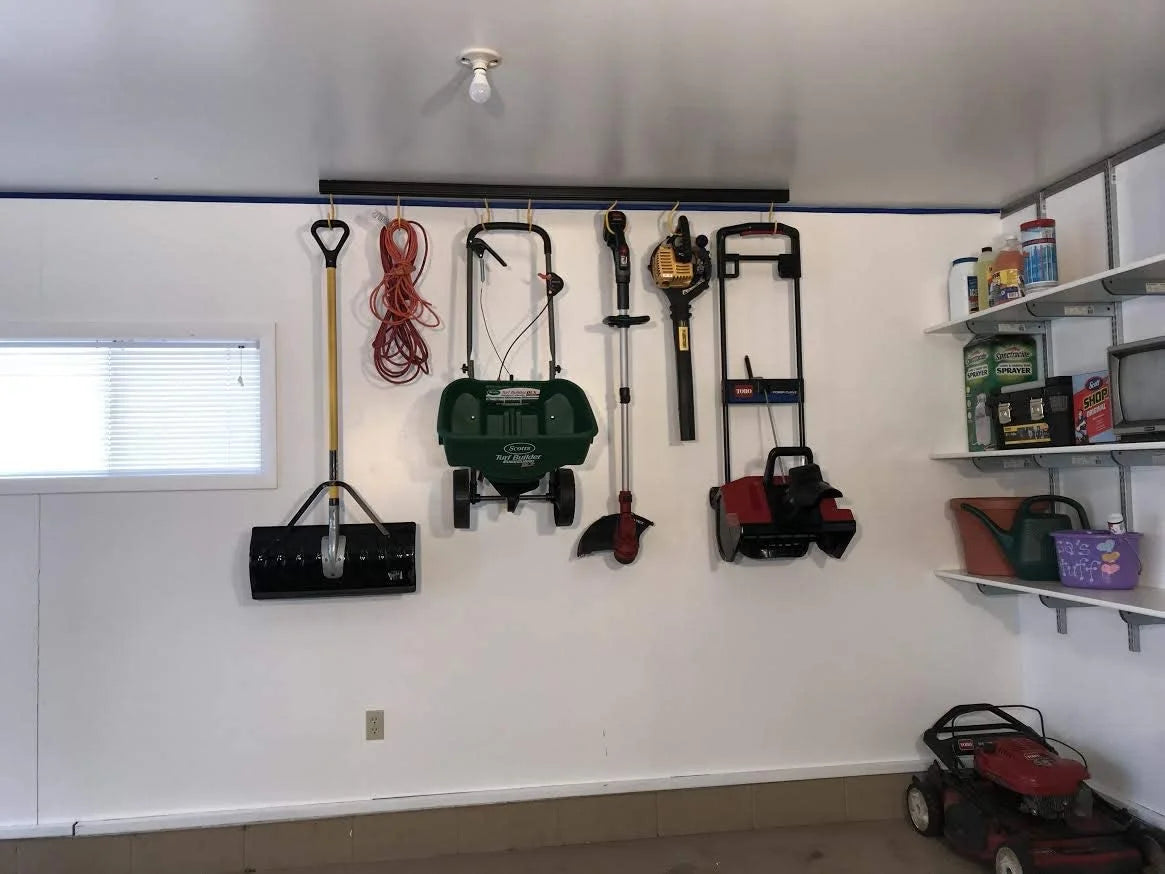 50" Adjustable Overhead Garage Ceiling Storage Track/Bike Rack With Hooks that Slide and Rotate, 50 Lbs. per Hook.