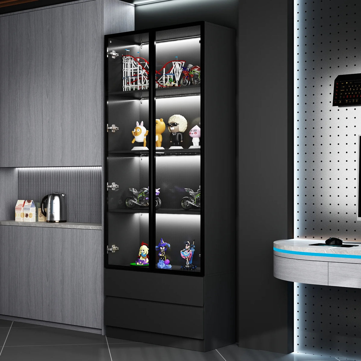 KULAGAGA Bookcases Organizer with LED Lights, Heavy Duty Display Cabinet with Glass Door for Living Room, 31.5" Wide