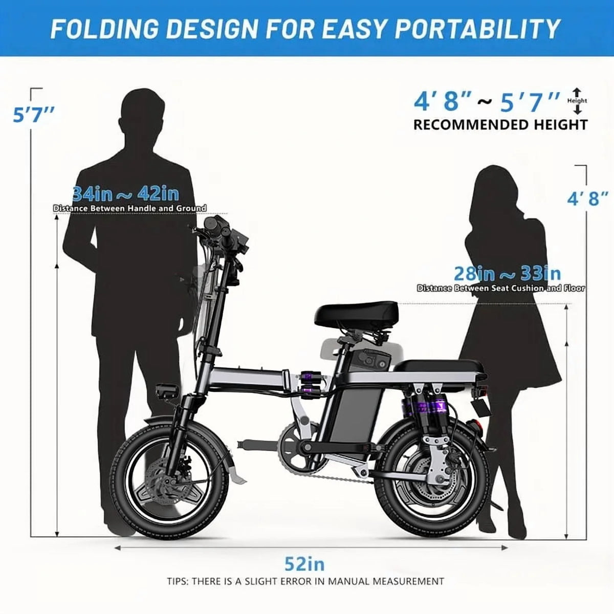 Folding Electric Bike for Adults,500W 20MPH 32Miles Long Range,48V 15AH Removable Battery,14" Small City Commuting E-bike with Full Suspension, LCD Display