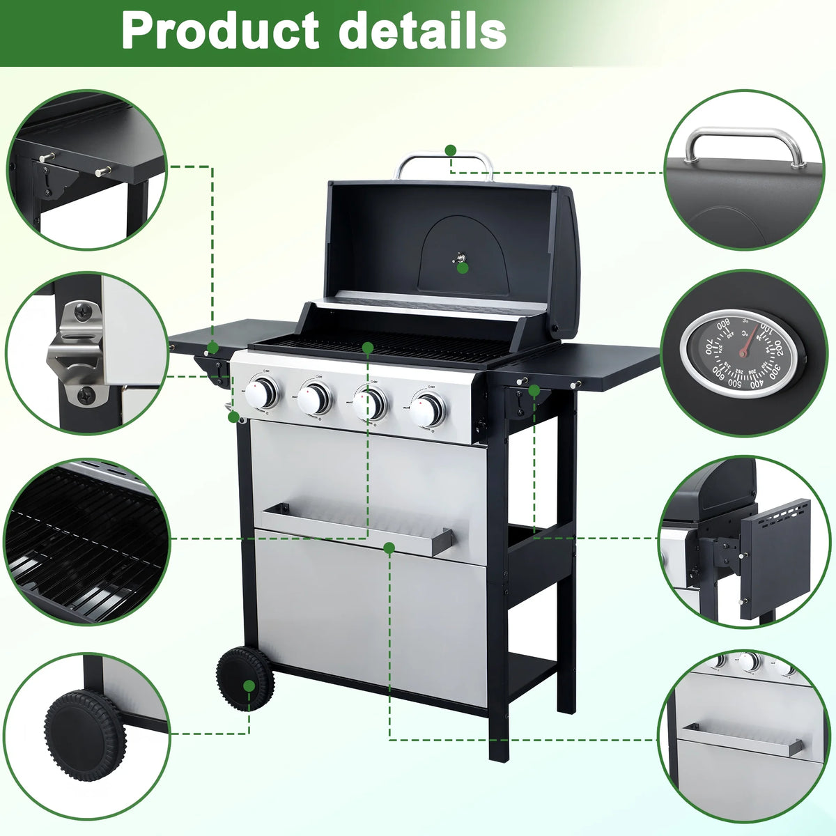 BBQ Grill, Seizeen Gas Grill with Side Burner, 40,000BTU 3-Burner Propane Grill w/Storage Cabinet, Steel Brush, Stainless Steel Camping for Backyard Patio, Portable Design on Wheels