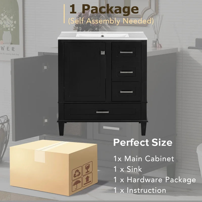 Bellemave 30" Bathroom Vanity with Sink, Cabinet with Sink Combo Set with Top, Bathroom Storage Cabinet with 3 Drawers and 1 Soft Closing Door, 30 Inch Vanity with Sink for Bathroom（White）