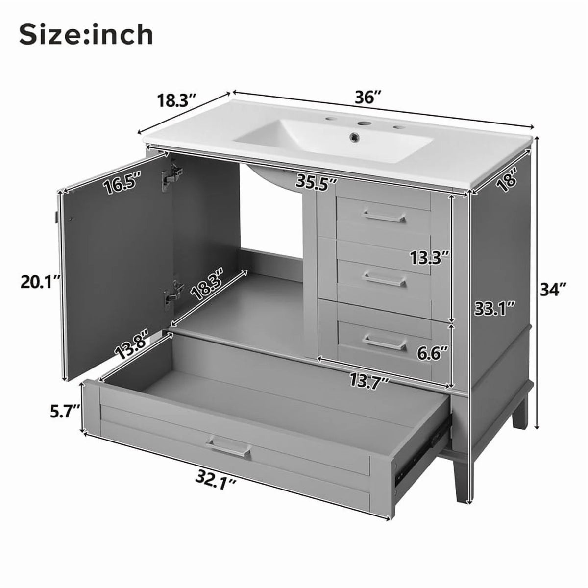 Bellemave 30" Bathroom Vanity with Sink, Cabinet with Sink Combo Set with Top, Bathroom Storage Cabinet with 3 Drawers and 1 Soft Closing Door, 30 Inch Vanity with Sink for Bathroom（White）