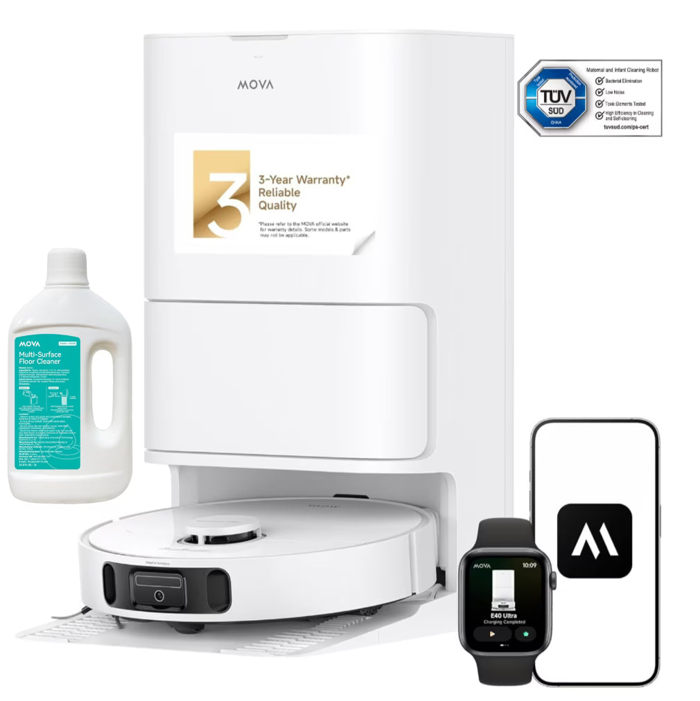 Mova E40 Ultra Robot Vacuum and Mop with Cleaning Solution, 19,000Pa Suction, Extenable & Liftable Mop, All-in-One Station, Auto-Empty, Auto Washing & Hot Air Drying, 360Obstacle Avoidance