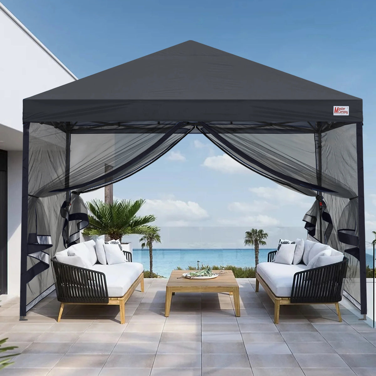MASTERCANOPY 8' x 8' Pop-up Canopy Tent Outdoor Screen House Shelter with Mesh Walls, White
