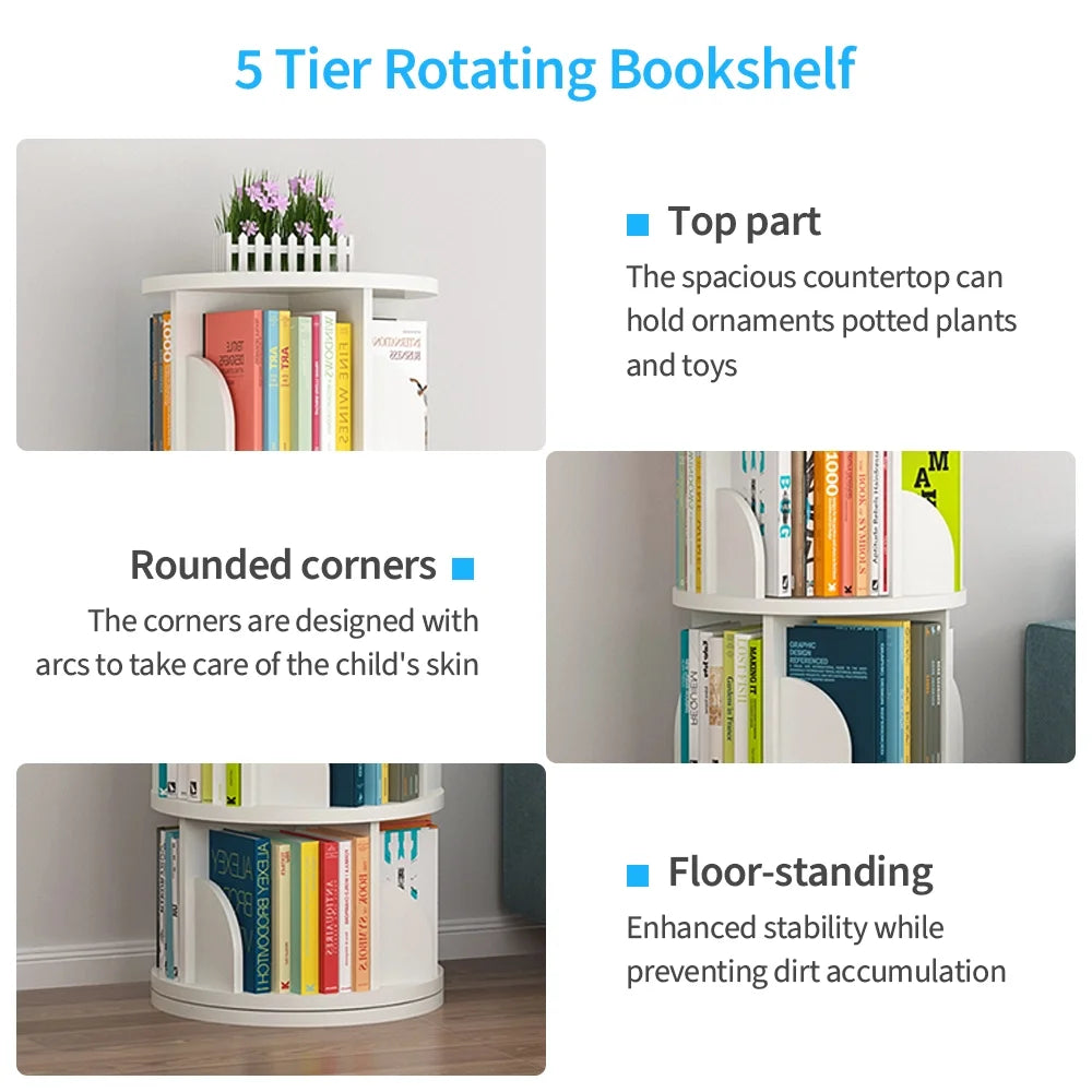 Bimiti 5 Tier Rotating Bookshelf, 360? Revolving Bookcase 20 Shelves Floor-Standing Storage Display Rack - White 63"x18"x18", Adult