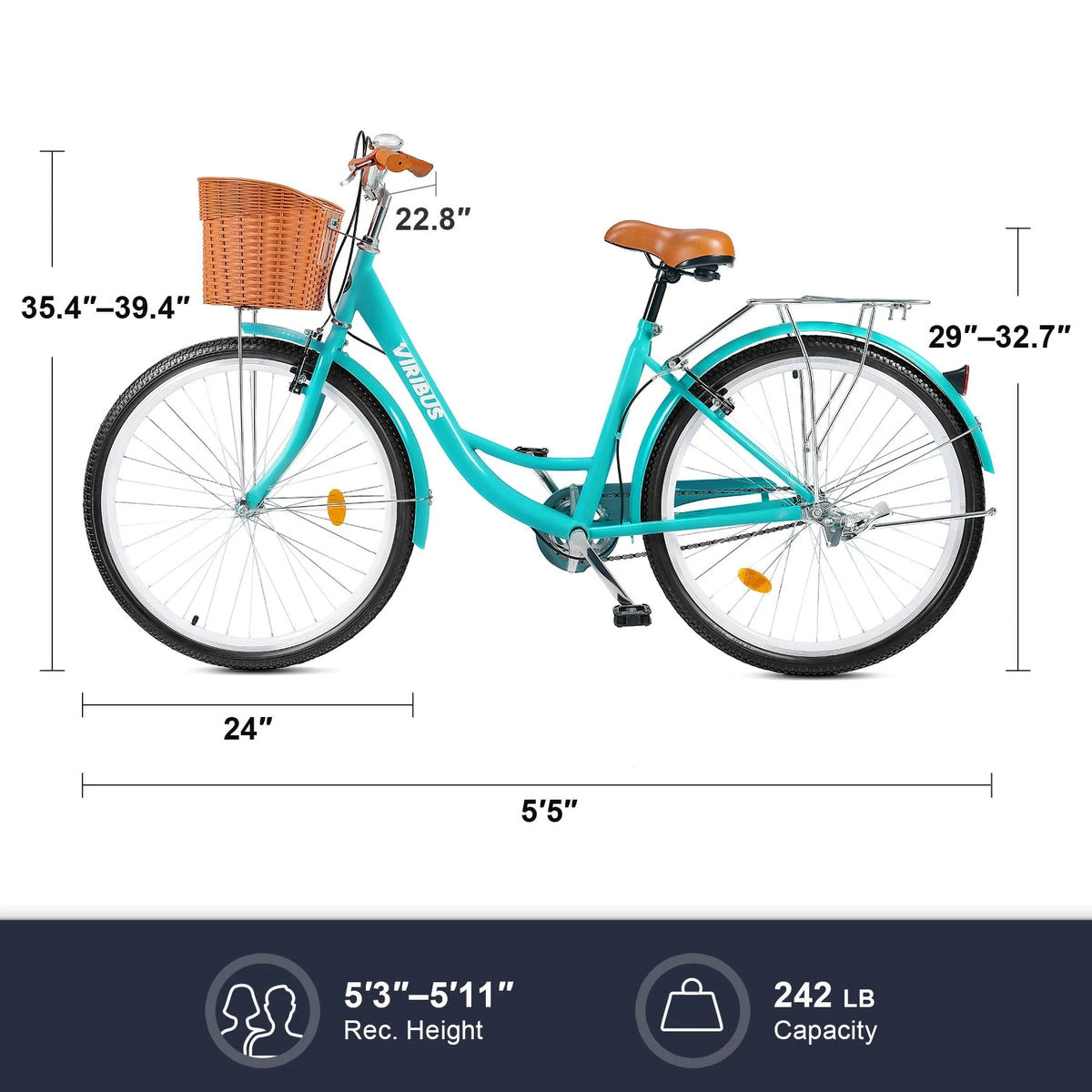 Viribus 24 Inch City Cruiser Bicycle with Carbon Steel Frame Dual V Brakes Basket Teal (Defective)