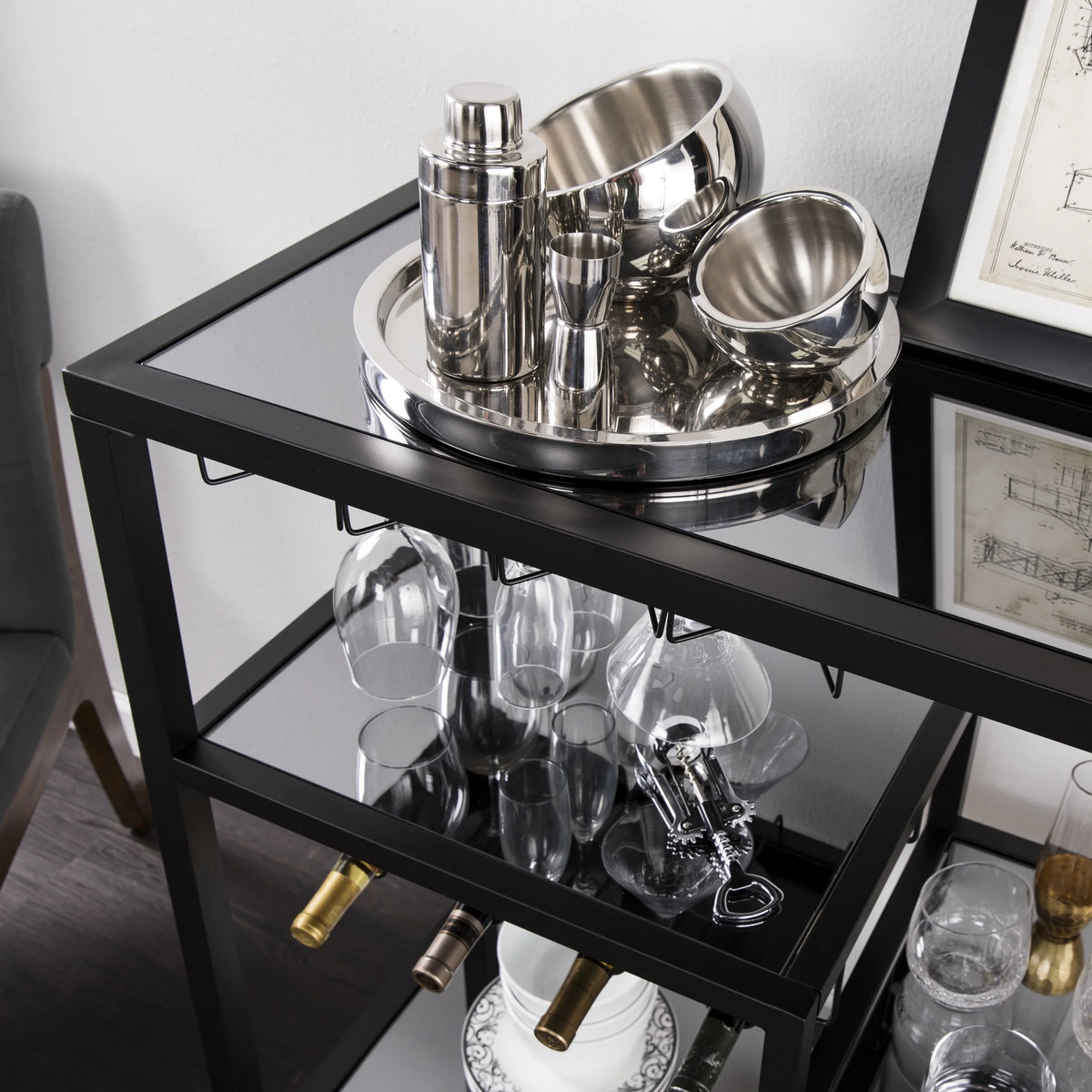 Holly & Martin Zephs indoor Bar Cart - Gunmetal Gray with Black Glass 40 x 37.5