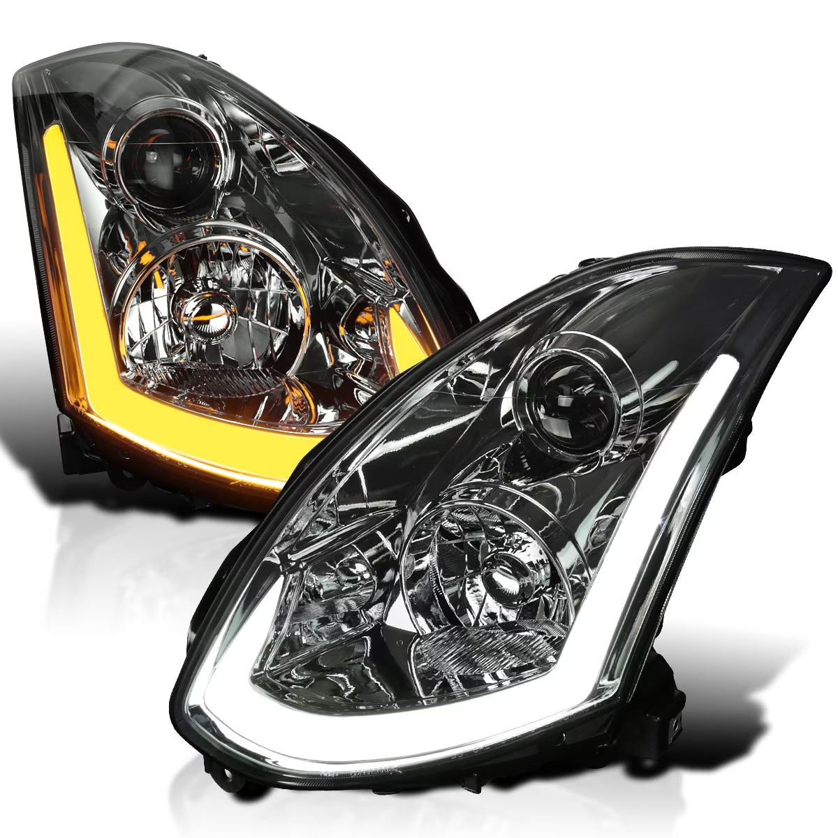 Spec-D Tuning Smoke Projector Headlights w/ Sequential LED Strip Compatible with 2003-2007 Infiniti G35 Coupe, Left + Right Pair Headlamps Assembly