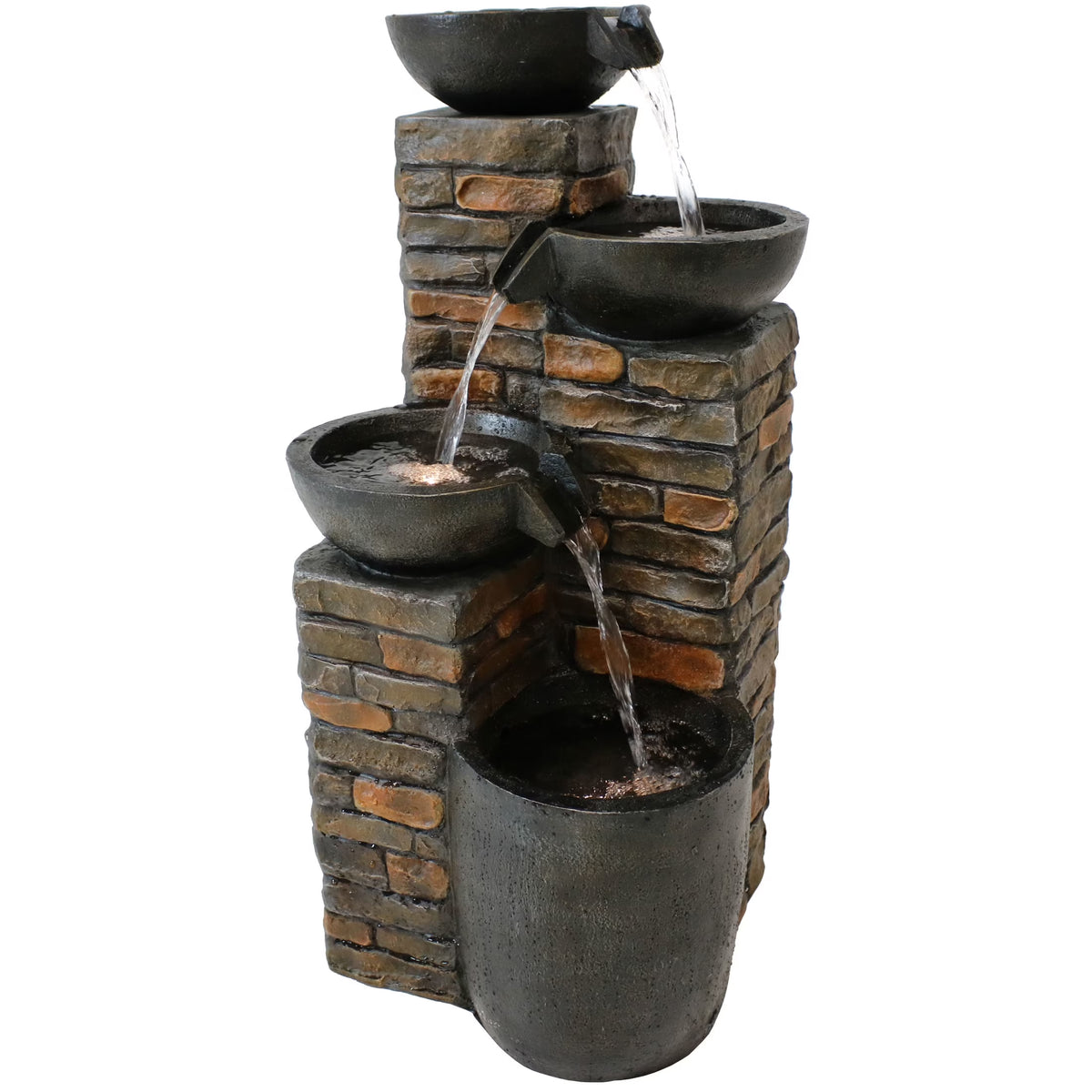 Sunnydaze Staggered Bowls Polyresin Outdoor Water Fountain with Light