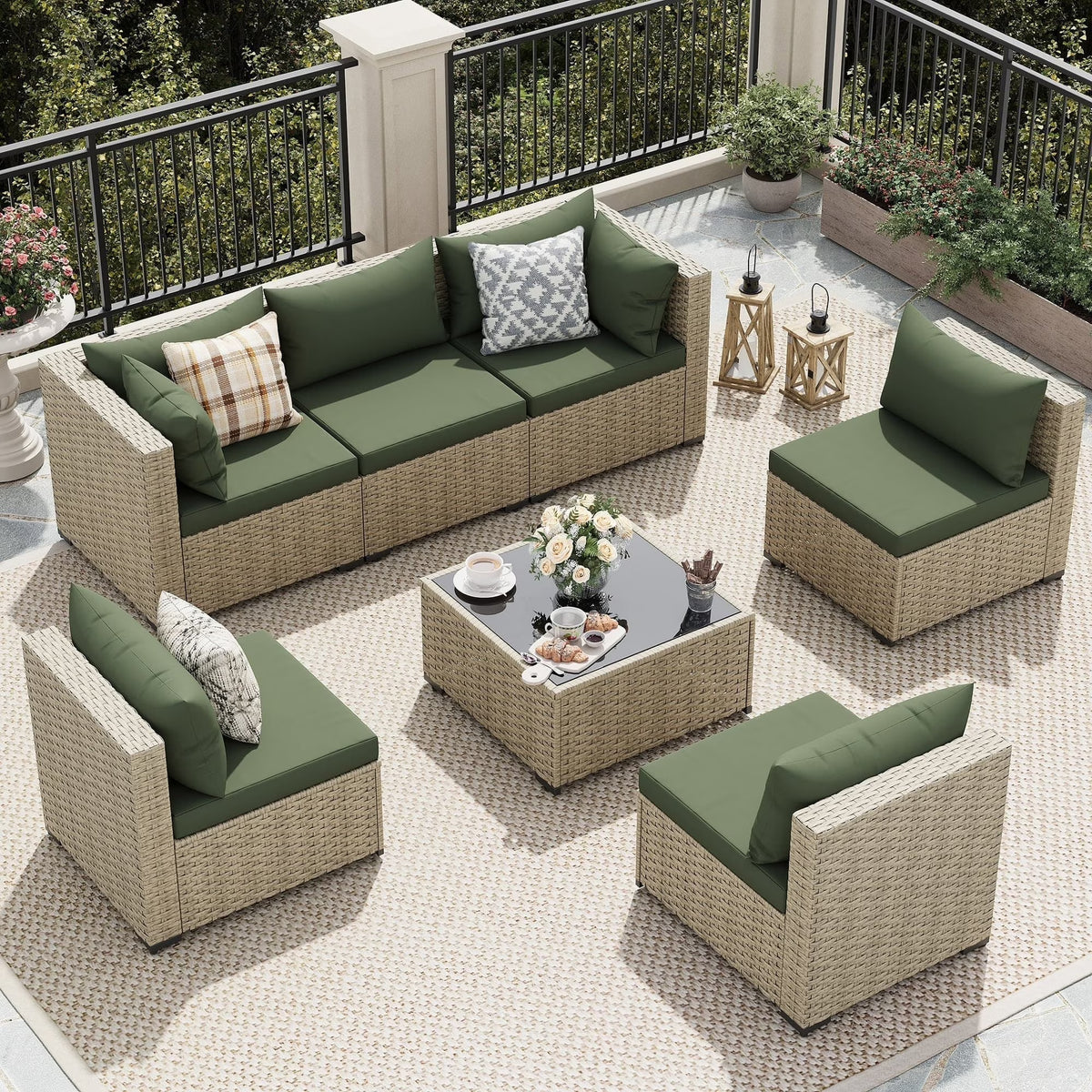 UDPATIO 7 Pieces Outdoor Patio Furniture Set, Outdoor Wicker Patio Conversation Set with Cushions for Backyard, Porch, Garden(Haze Blue)