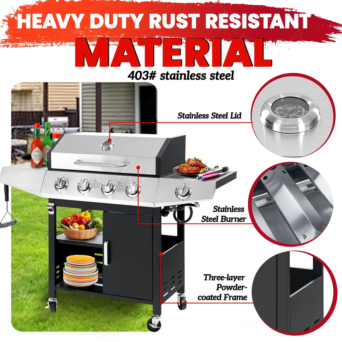 BBQ Grill, Seizeen Gas Grill with Side Burner, 40,000BTU 3-Burner Propane Grill w/Storage Cabinet, Steel Brush, Stainless Steel Camping for Backyard Patio, Portable Design on Wheels