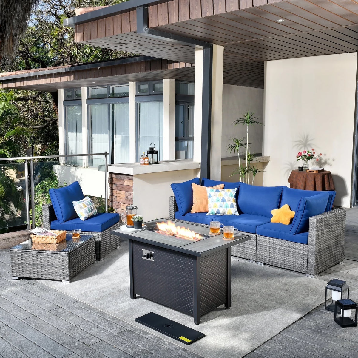 Vcatnet 11 Pieces Outdoor Patio Furniture Sets with Fire Pit Sectional Sofa All Weather Wicker Conversation Set with Swivel Glider Chairs, Black