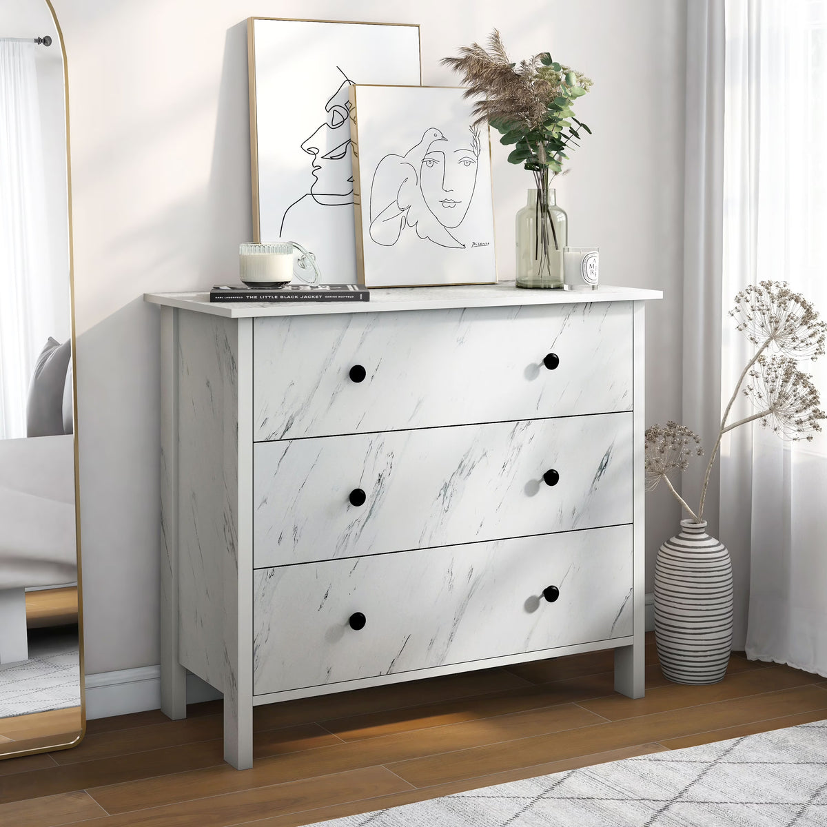 Furniture of America Tilde Adult Modern 3-Drawer Cabinet Vertical Dresser, Marble White