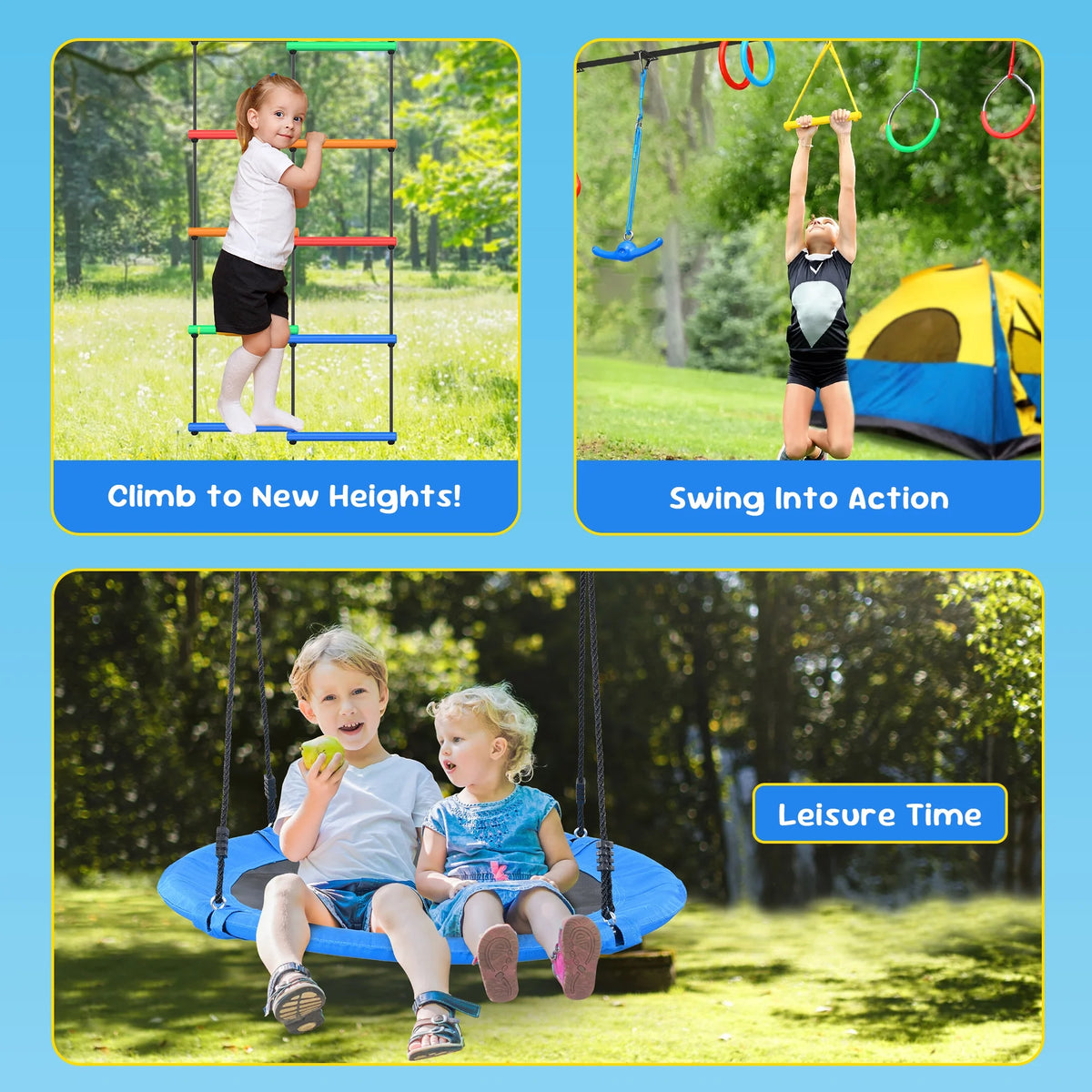 KloKick 65ft Ninja Warrior Obstacle Course for Kids – Outdoor Backyard Set with Swing, Ninja Rope, 11 Obstacles, Slackline, Jungle Gym for Tree Installation