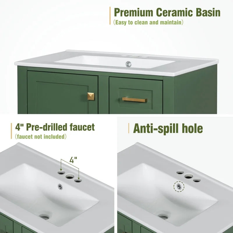 Bellemave 30" Bathroom Vanity with Sink, Cabinet with Sink Combo Set with Top, Bathroom Storage Cabinet with 3 Drawers and 1 Soft Closing Door, 30 Inch Vanity with Sink for Bathroom（White）