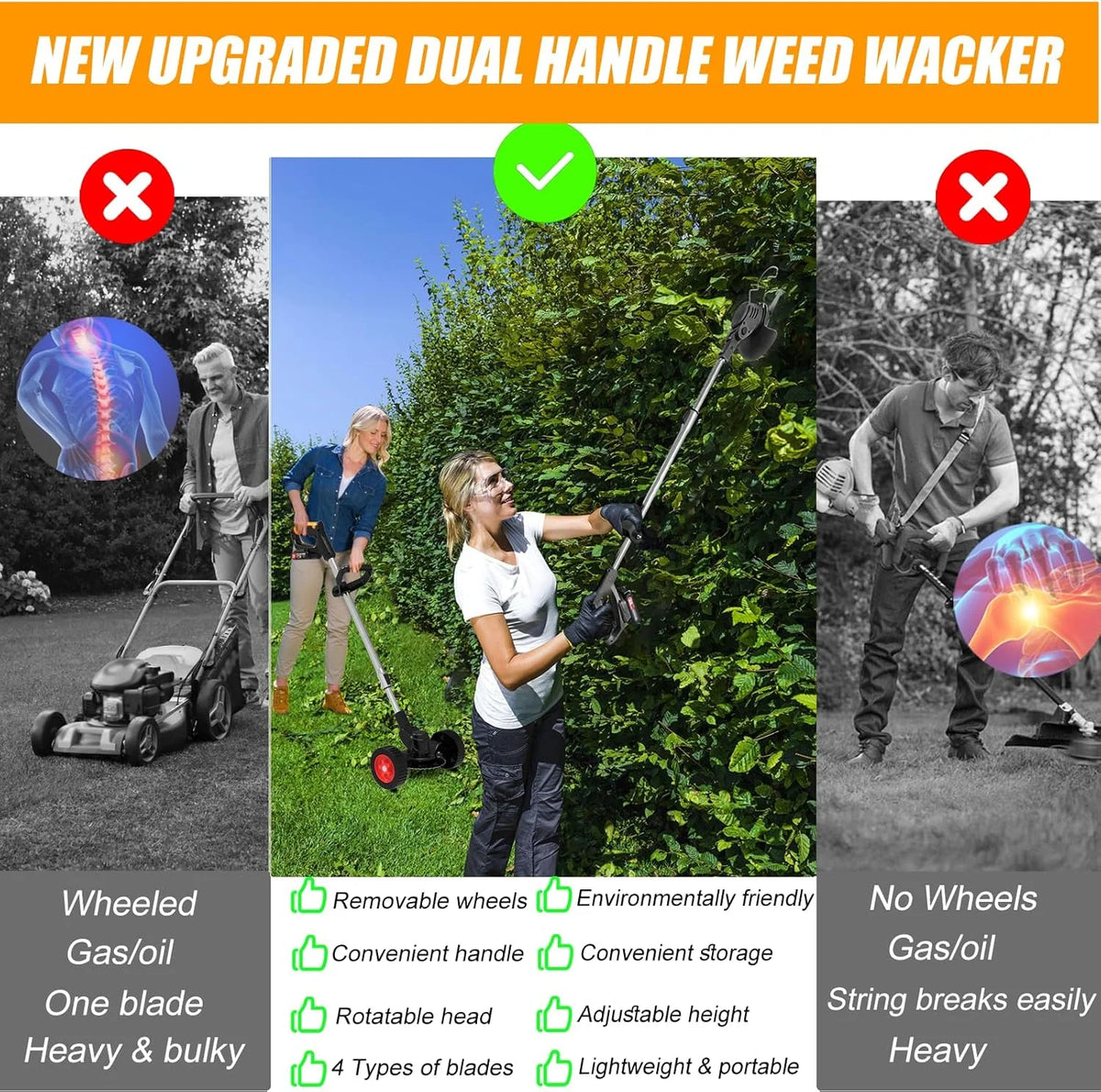 Cordless Electric  Trimmer, 21V Grass Edger with Wheels, 3-in-1 Metal/Saw/Plastic Blade, Adjustable Height & Noise Reduction, Includes Deluxe Accessories