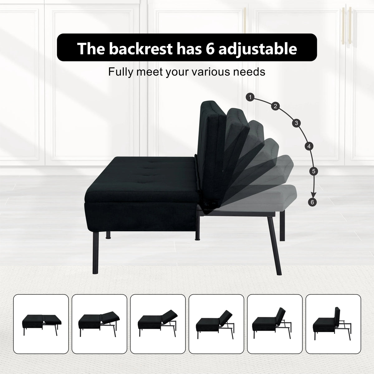 BSHTI 63Futon Sofa Bed,Upholstered with Polyester Fabric Convertible Sofa Couch for Living Room,Office(Black)