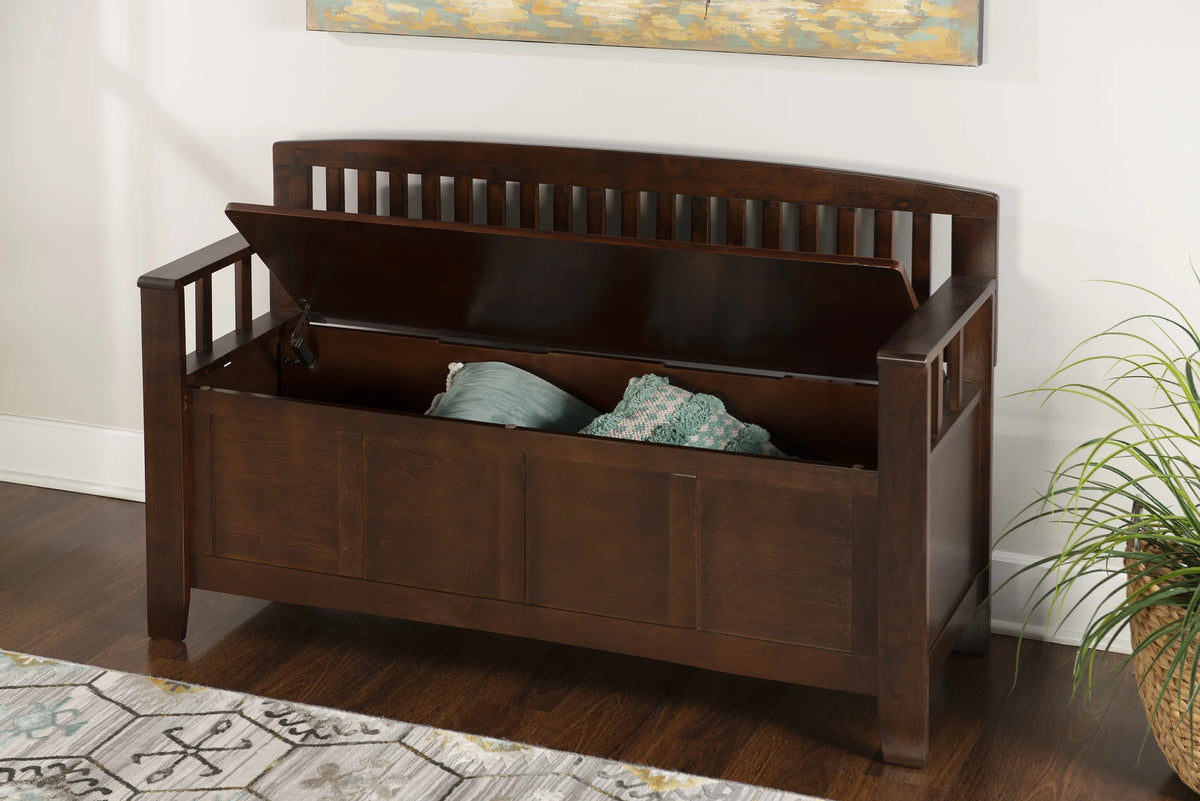 Linon Cynthia Slat Back Wood Bench with Flip Top Storage, 50"L x 17"D x 32"H, Walnut Brown