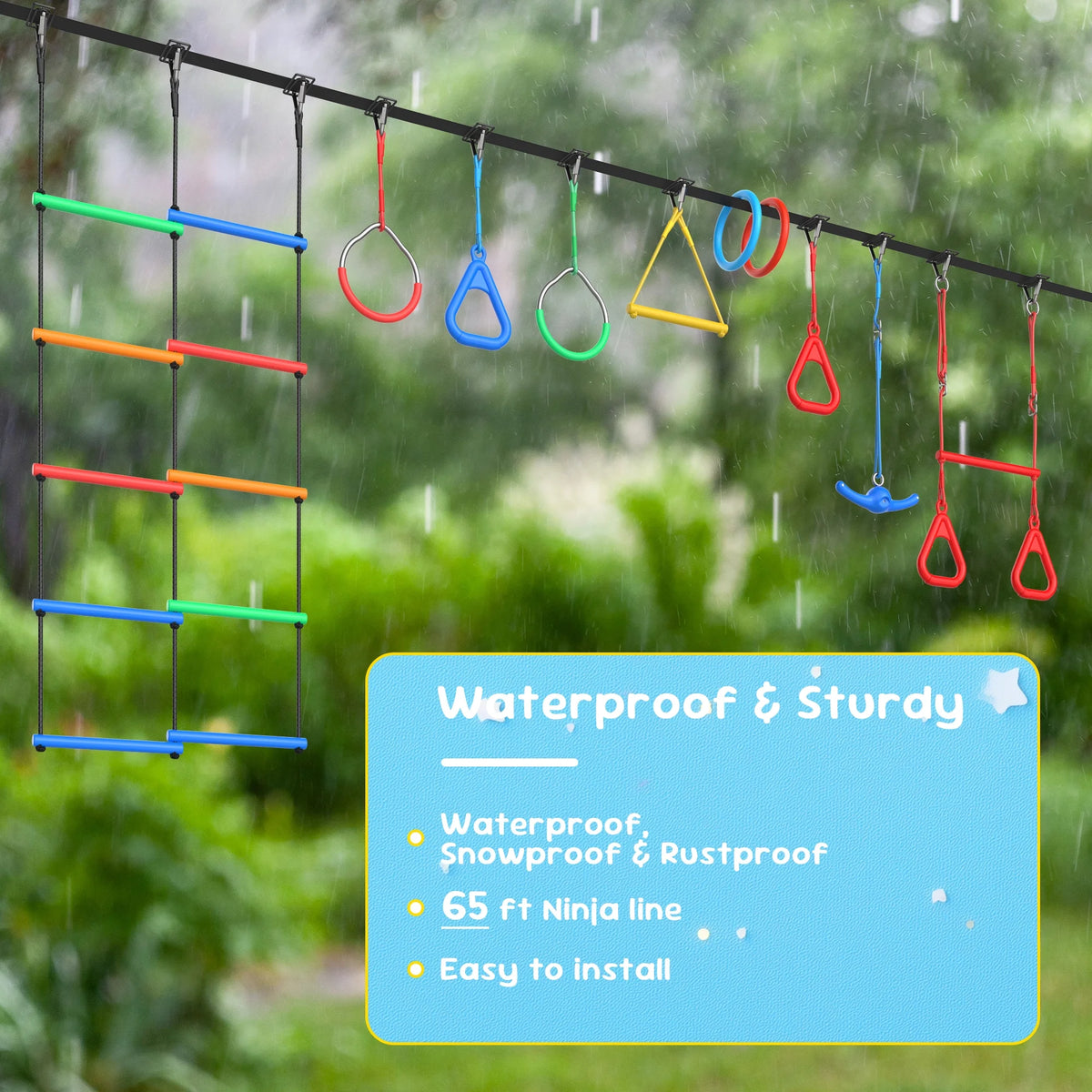 KloKick 65ft Ninja Warrior Obstacle Course for Kids – Outdoor Backyard Set with Swing, Ninja Rope, 11 Obstacles, Slackline, Jungle Gym for Tree Installation