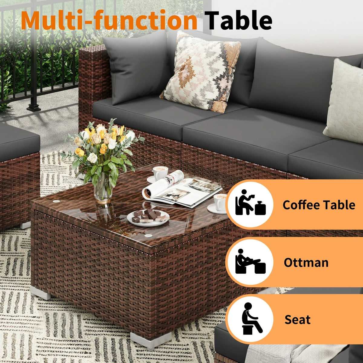 Techmilly Patio Furniture Sets, Modular Rattan Outdoor Patio Sectional Furniture Sofa Set, Wicker Patio Conversation Set for Backyard,7PCS