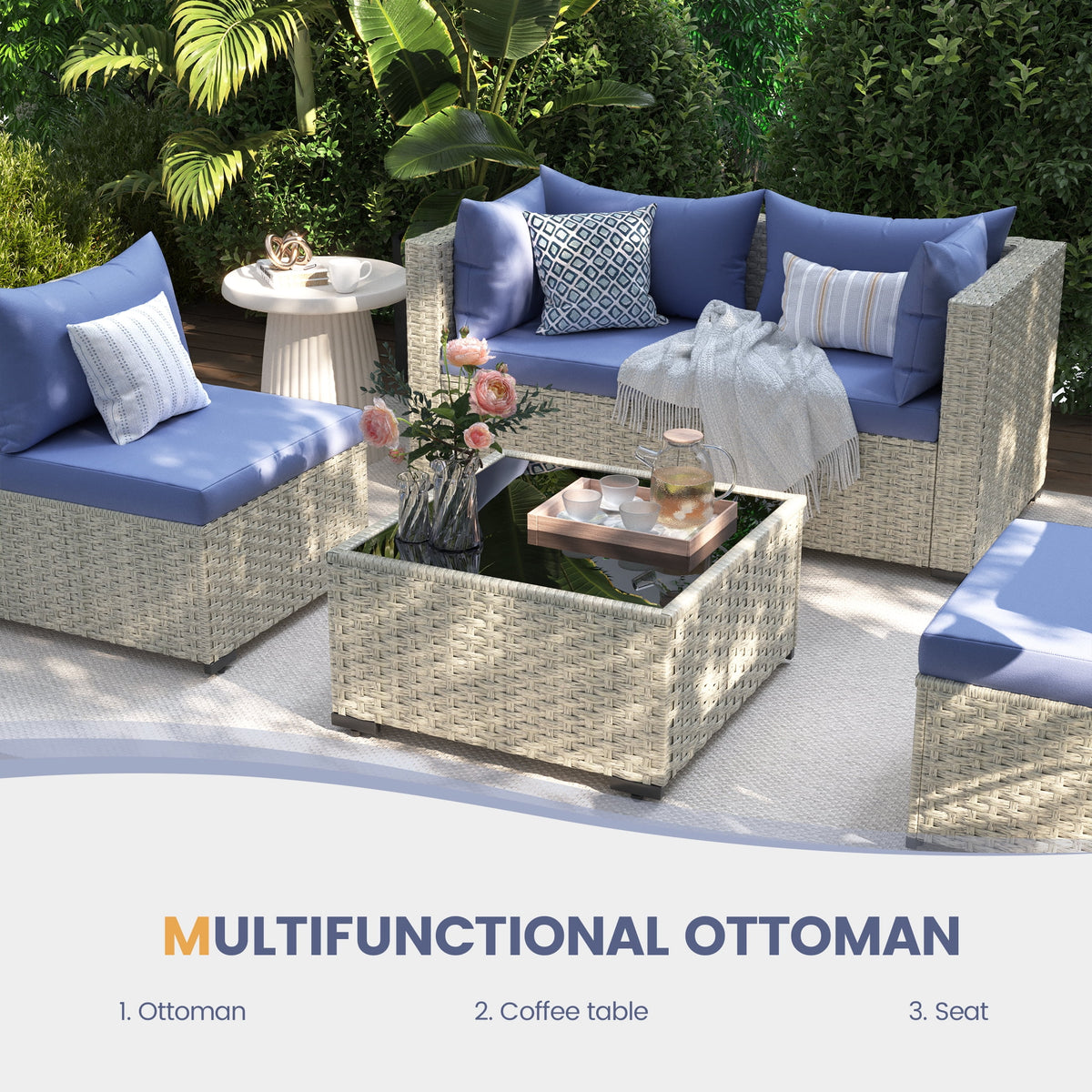 UDPATIO 7 Pieces Outdoor Patio Furniture Set, Outdoor Wicker Patio Conversation Set with Cushions for Backyard, Porch, Garden(Haze Blue)