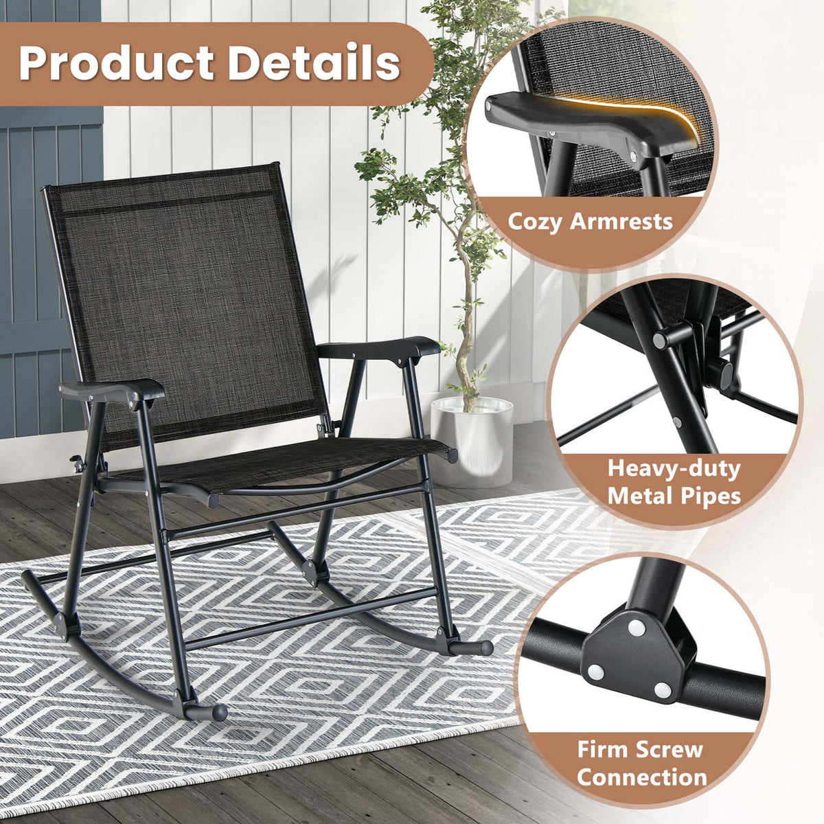Costway 2pcs Patio Folding Rocking Chair Heavy-Duty Metal Frame Rockers Outdoor Brown