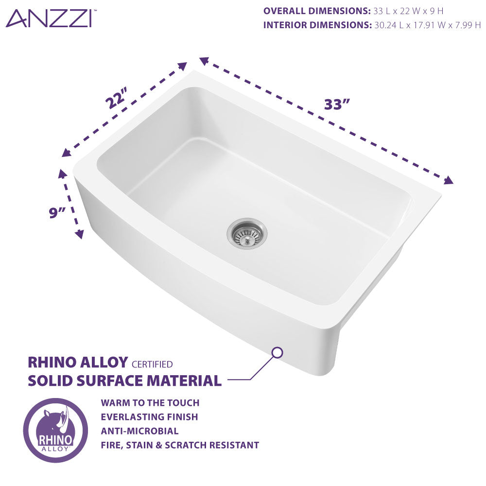 ANZZI Mesa Farmhouse Solid Surface 33 in. Kitchen Sink with Strainer in Matte White