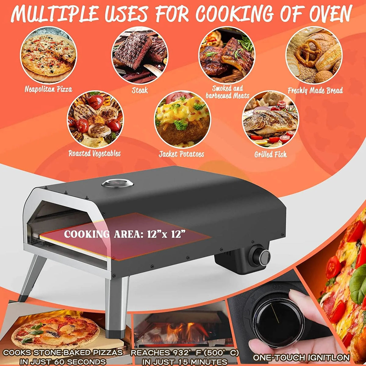 ASA Gas Pizza Oven, 12 Gas Pizza Oven with Pizza Stone, Stainless Steel Pizza Maker for Outdoor Cooking