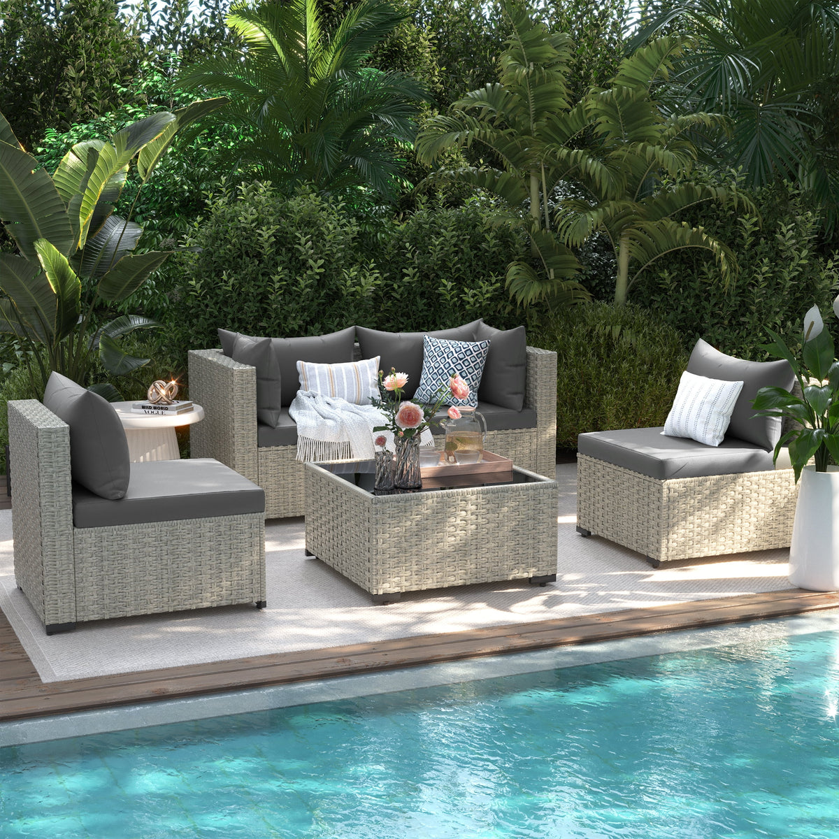 UDPATIO 7 Pieces Outdoor Patio Furniture Set, Outdoor Wicker Patio Conversation Set with Cushions for Backyard, Porch, Garden(Haze Blue)