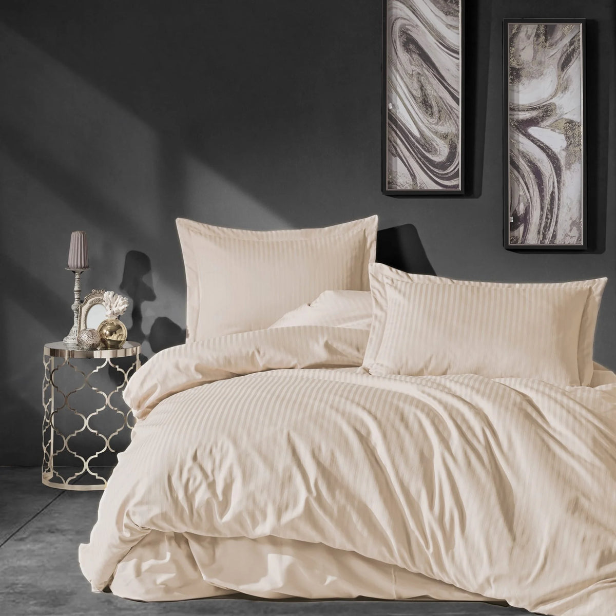 Powder Pink Satin Duvet Cover Set, 100% High Quality Turkish Cotton Queen Size Set, 1 Duvet Cover, 1 Fitted Sheet and 2 Pillowcases, Hypoallergenic, Breathable, Satin Bedding Set, Machine Washable