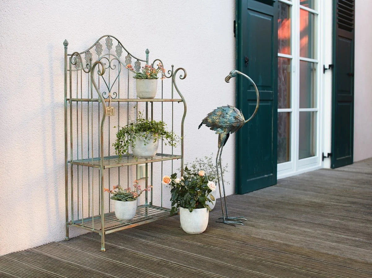 Westcharm 41 inch Tall Pre-Assembled Folding Metal Shelf | Plant Stand | Shelving Unit | Bookcase | Outdoor Baker's Rack with Scrolling Heart & Peacock Tail Motif - Verdigris Green