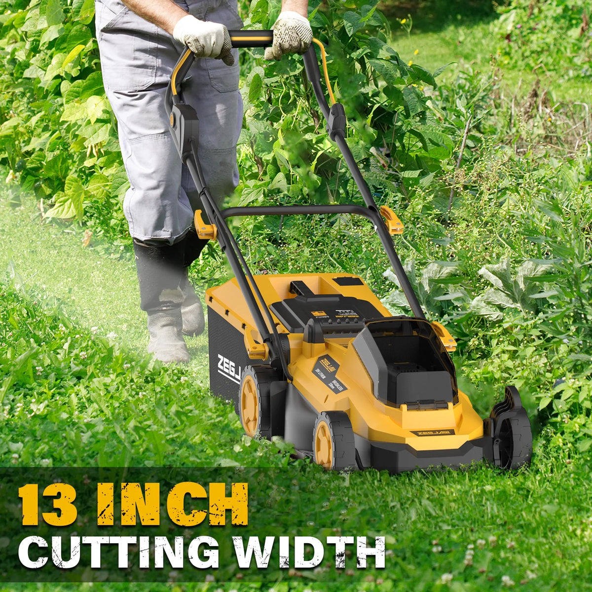 ZEGJAW Lawn Mower Cordless,13-Inch Electric Lawn Mower with 4.0Ah Battery and Charger, 2-in-1 Electric Mower with 5-Position Height Adjustment
