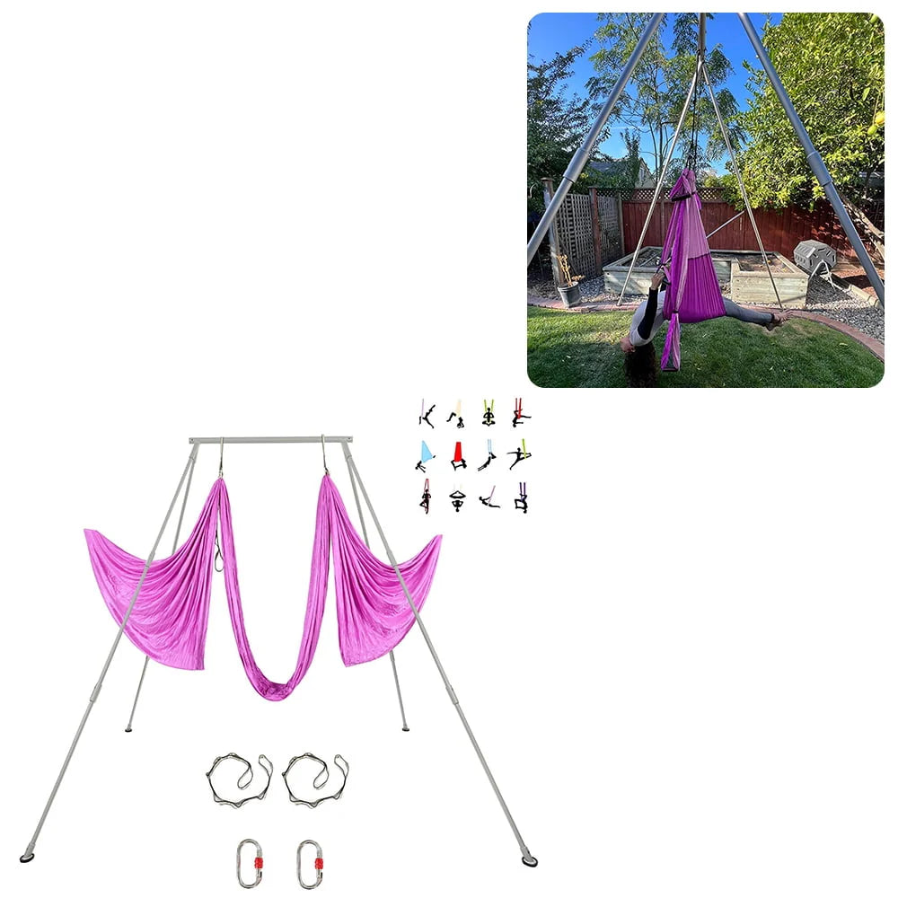 Kojem 97"/2.46m Aerial Trapeze Stand Portable Rig Yoga Swing Bar 250kg/551lbs Aluminum Rack ?Nylon Silk Indoor Outdoor Use with 20Ft/6m Aerial Purple Silk