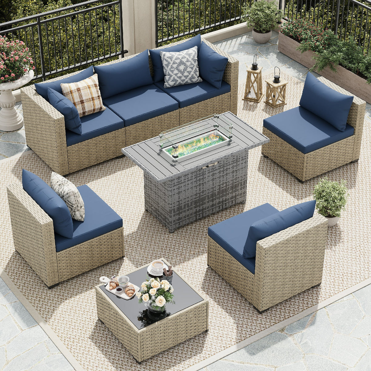 UDPATIO 7 Pieces Outdoor Patio Furniture Set, Outdoor Wicker Patio Conversation Set with Cushions for Backyard, Porch, Garden(Haze Blue)
