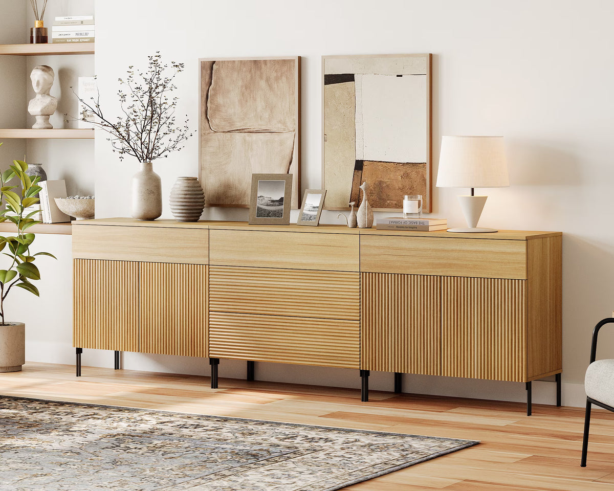 94.5 Reeded Accent Cabinet Set with Doors and Drawers, Modern Credenza Storage Cabinet with Metal Legs for Living Room, Kitchen, Dining Room, Hallway