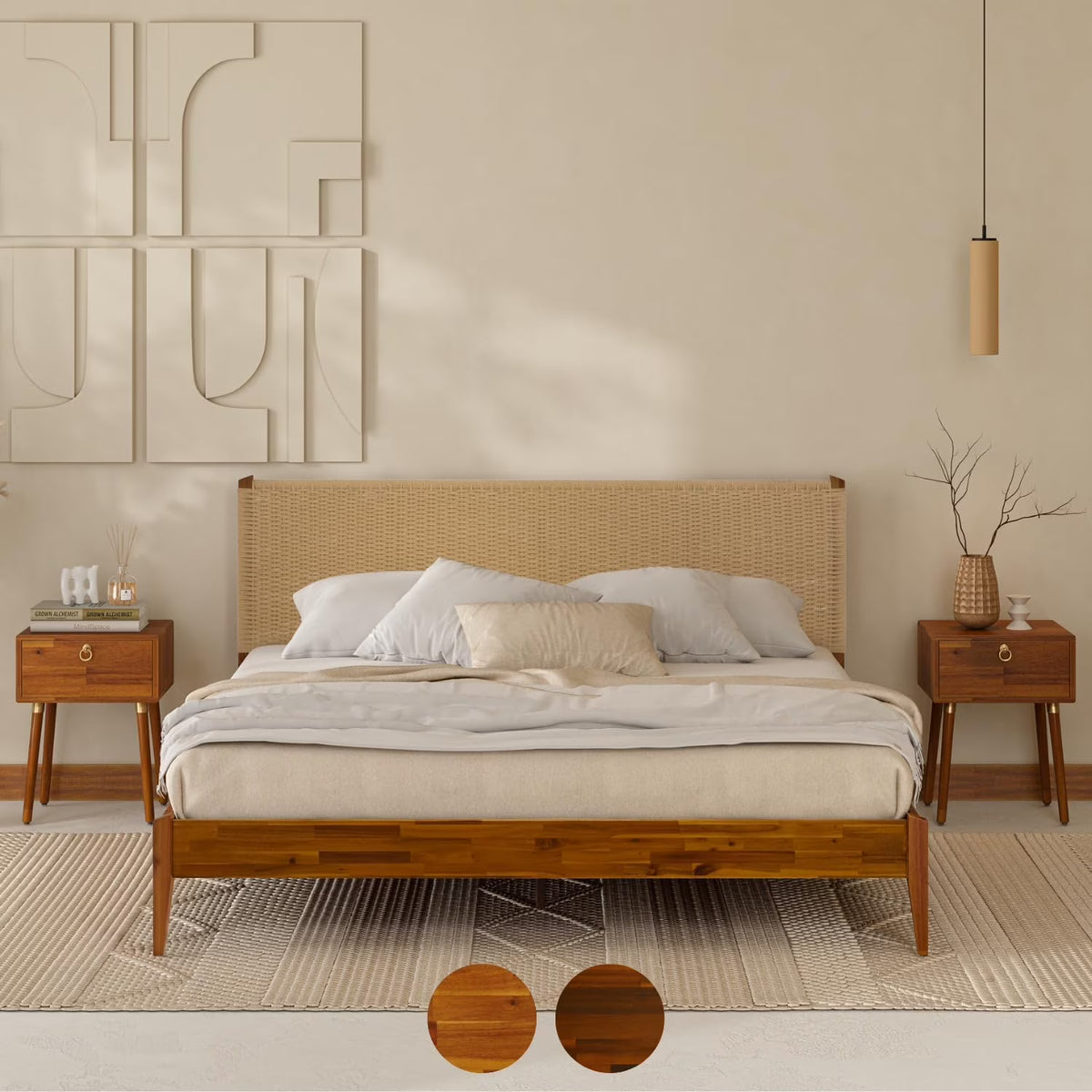 Selina Wood Platform Bed Frame - Handcrafted Paper Cord Unique Headboard - No Box Spring Needed - 12 Strong Wood Slats Support - Easy Assembly - King, Caramel
